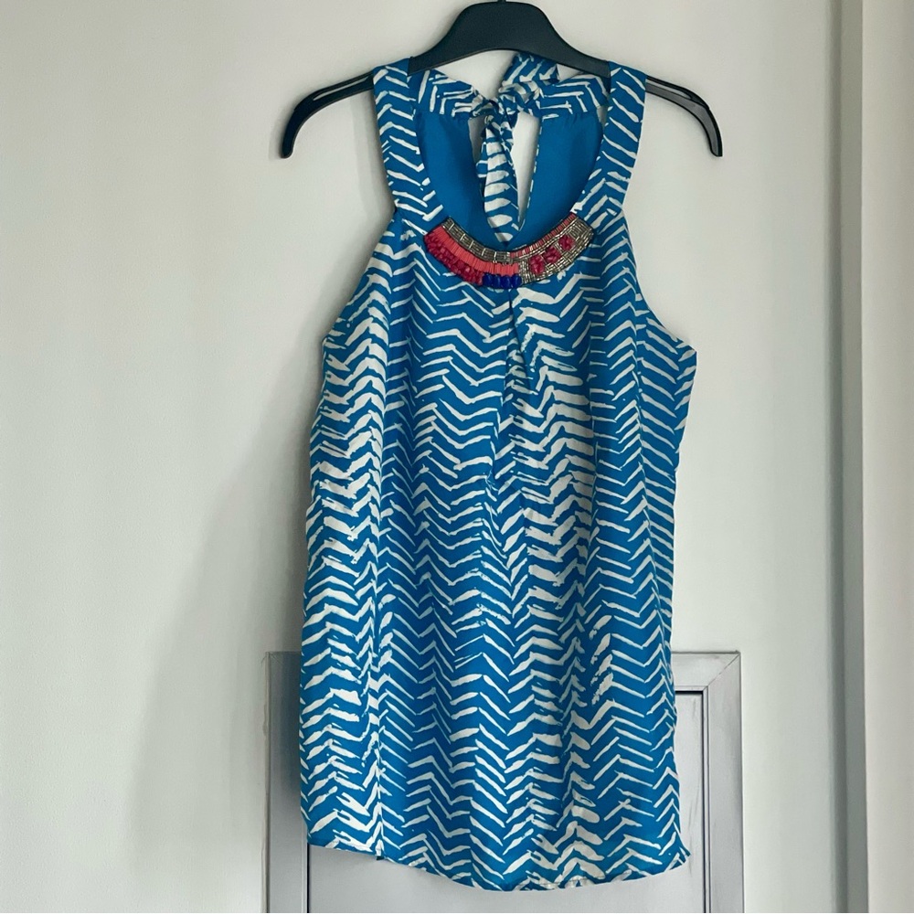 ANTHROPOLOGIE VELVET Blue and White Pattern 100% Silk Halter Top